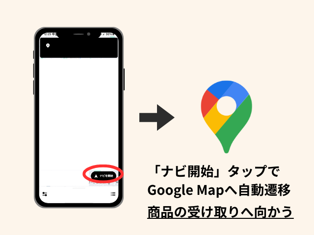 「ナビ開始」タップでGoogle Mapへ自動遷移
商品の受け取りへ向かう